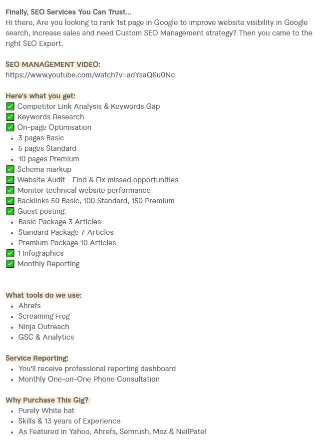 Image showing the characteristics of an ideal FIverr SEO gig