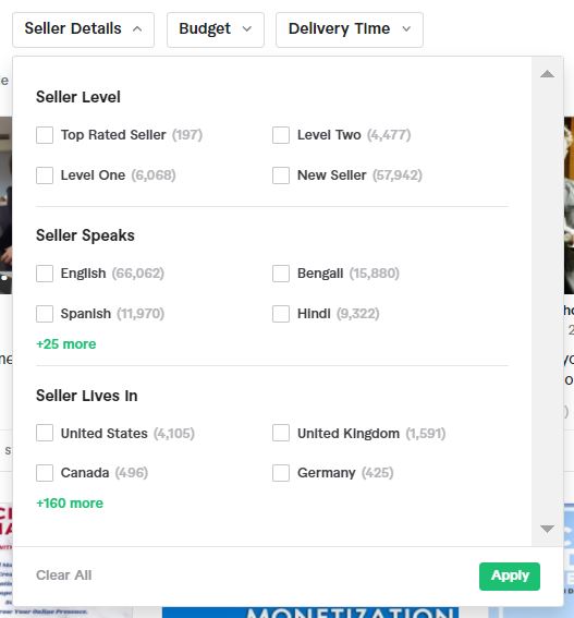 image showing seller filters on Fiverr