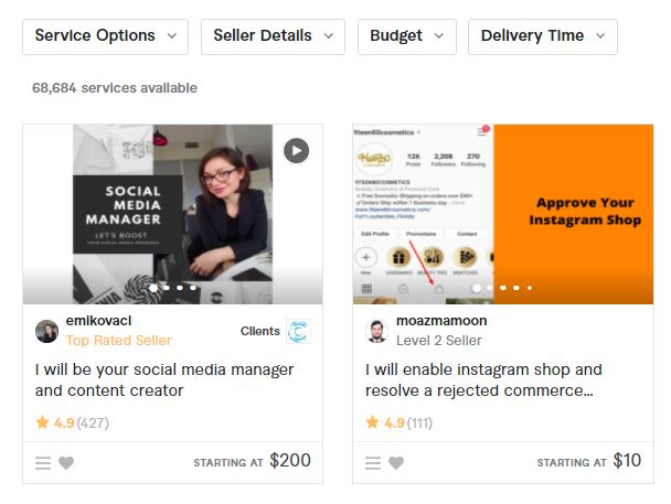 image showing service options on a gig on Fiverr