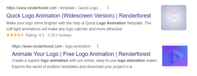 Image showing the first pages of search engine results for logo animator keywords